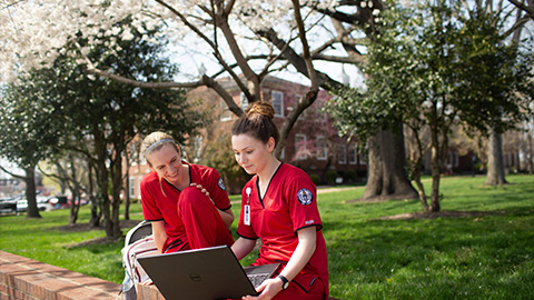 Nursing students looking at a laptop