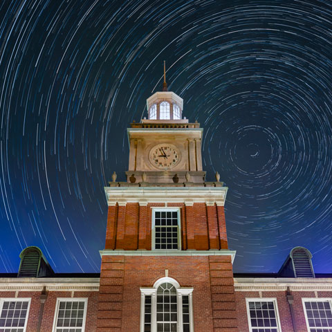 Long exposure image of the stars behind the Browning Clocktower. 