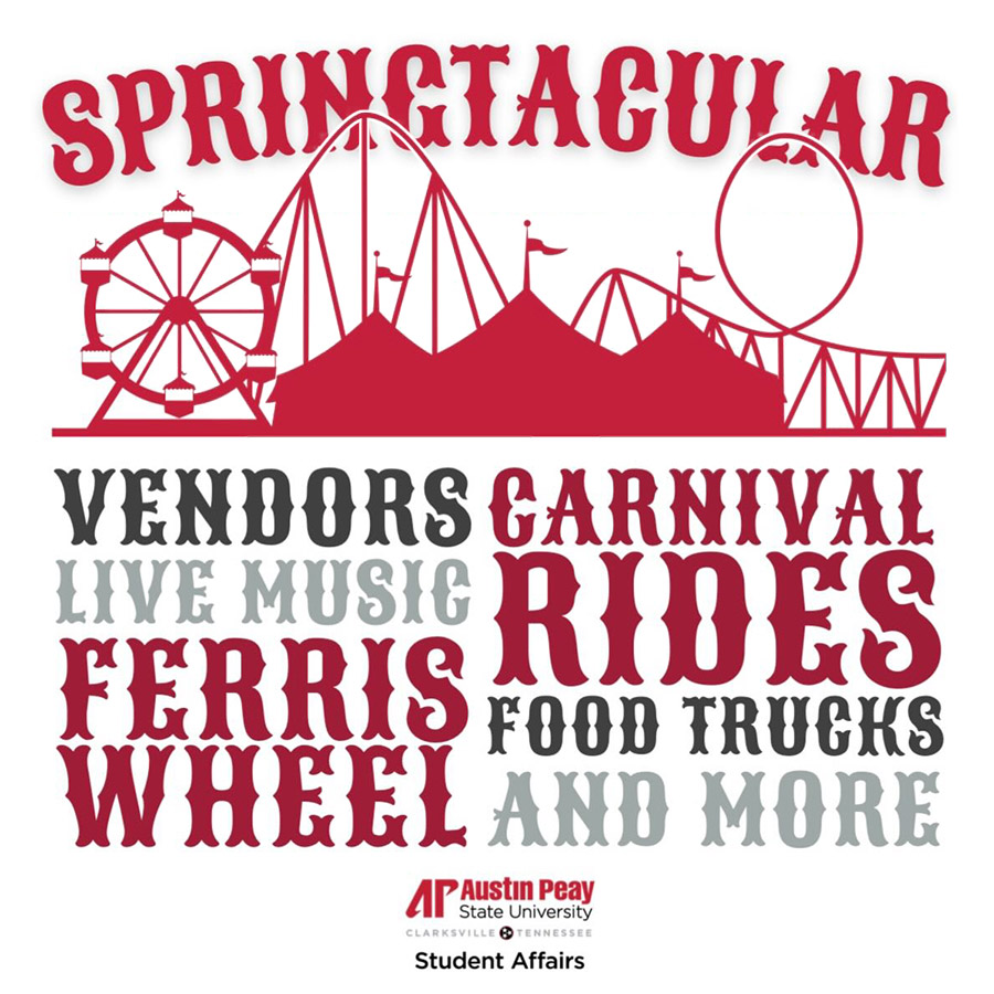 Graphic with "Springtacular," a silhouette of a amusement rides and a carnival tent, and "Vendors, Live Music, Ferris Wheel, Carnival Rides, Food Trucks, and More"