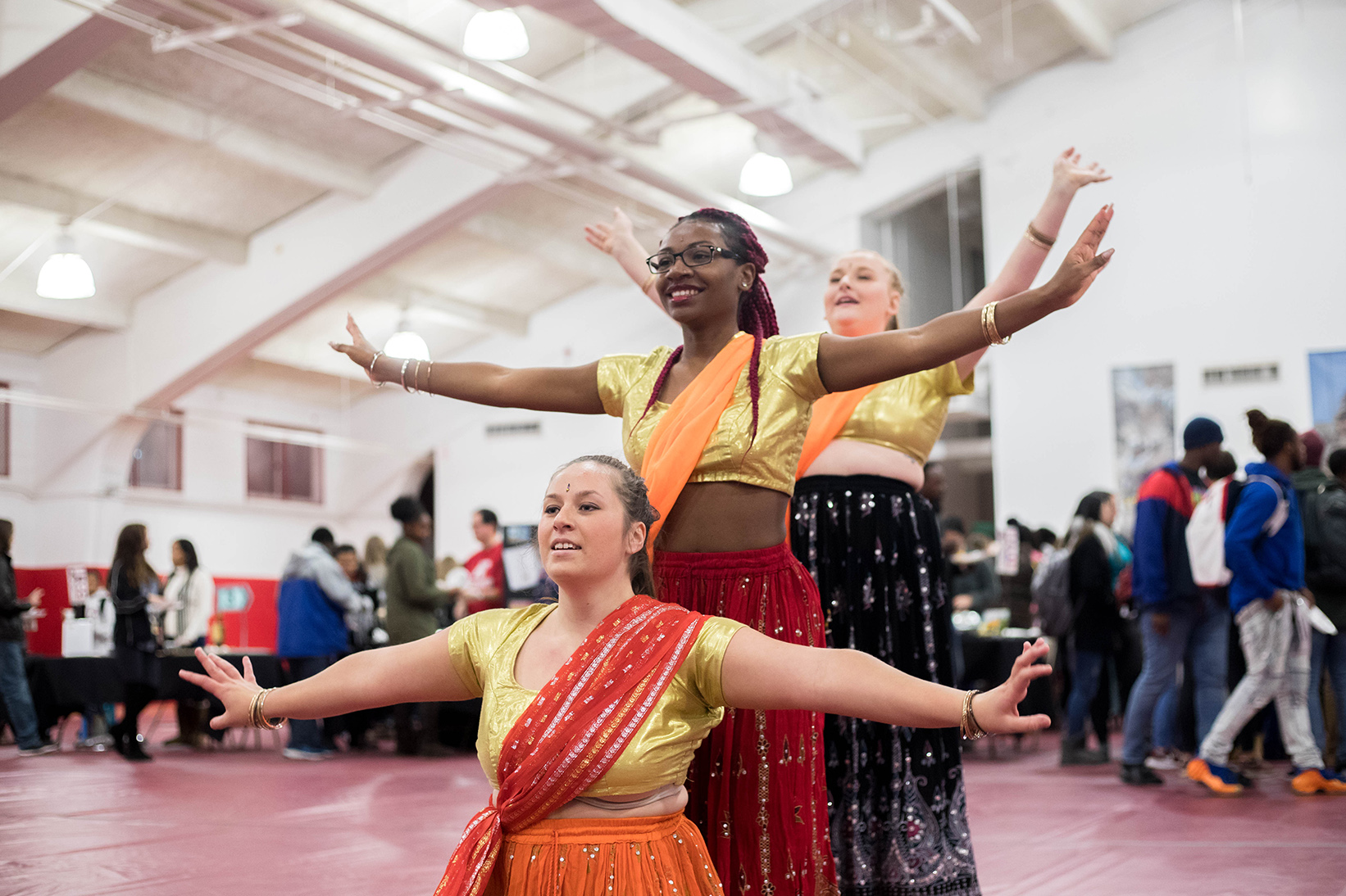 Students dance in the Red Barn during International Night