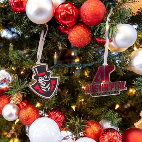 APSU ornaments on a Christmas tree