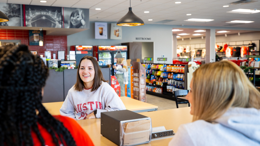 Students sitting the Barnes and Noble Cafe