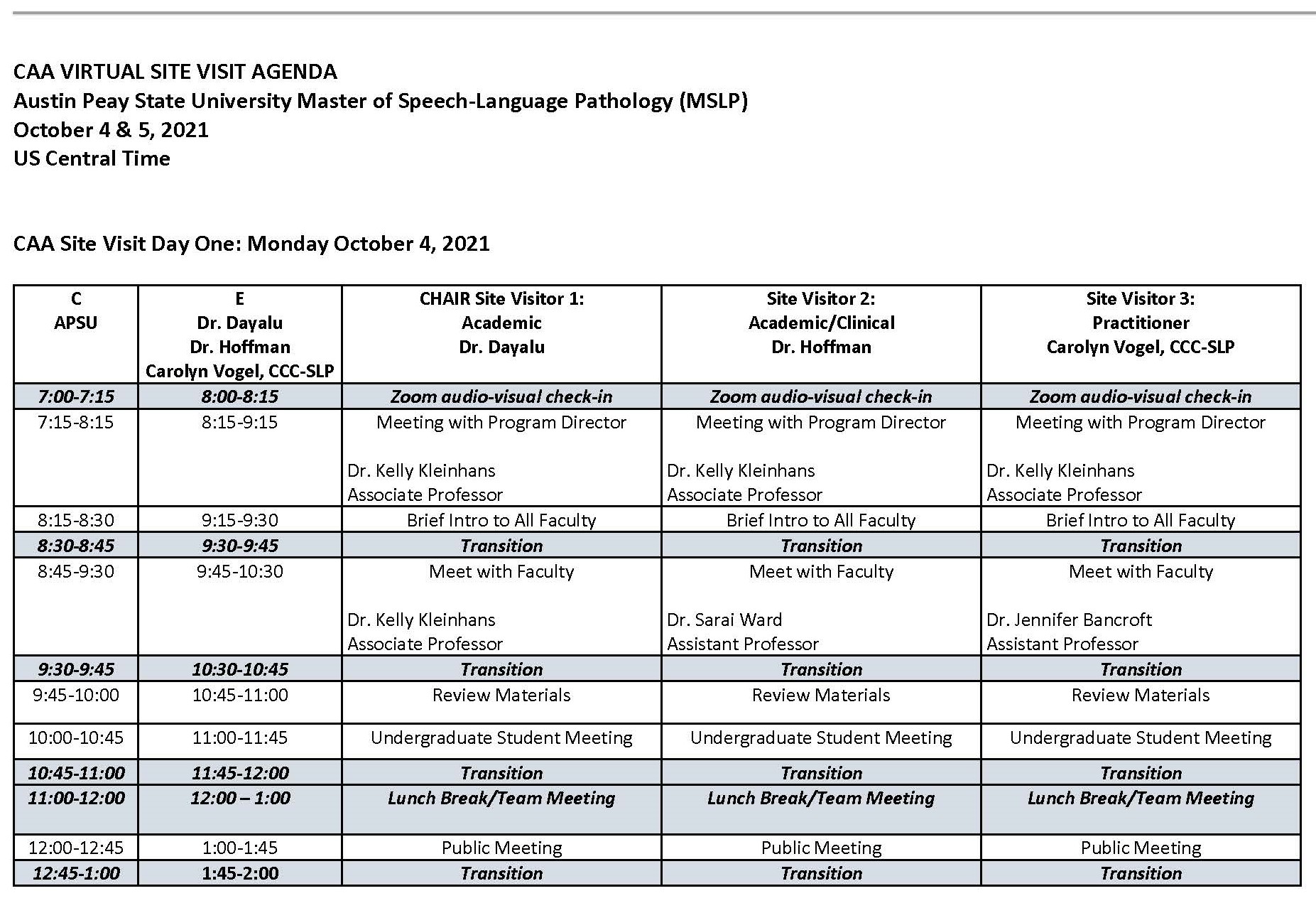 Site visit agenda day 1