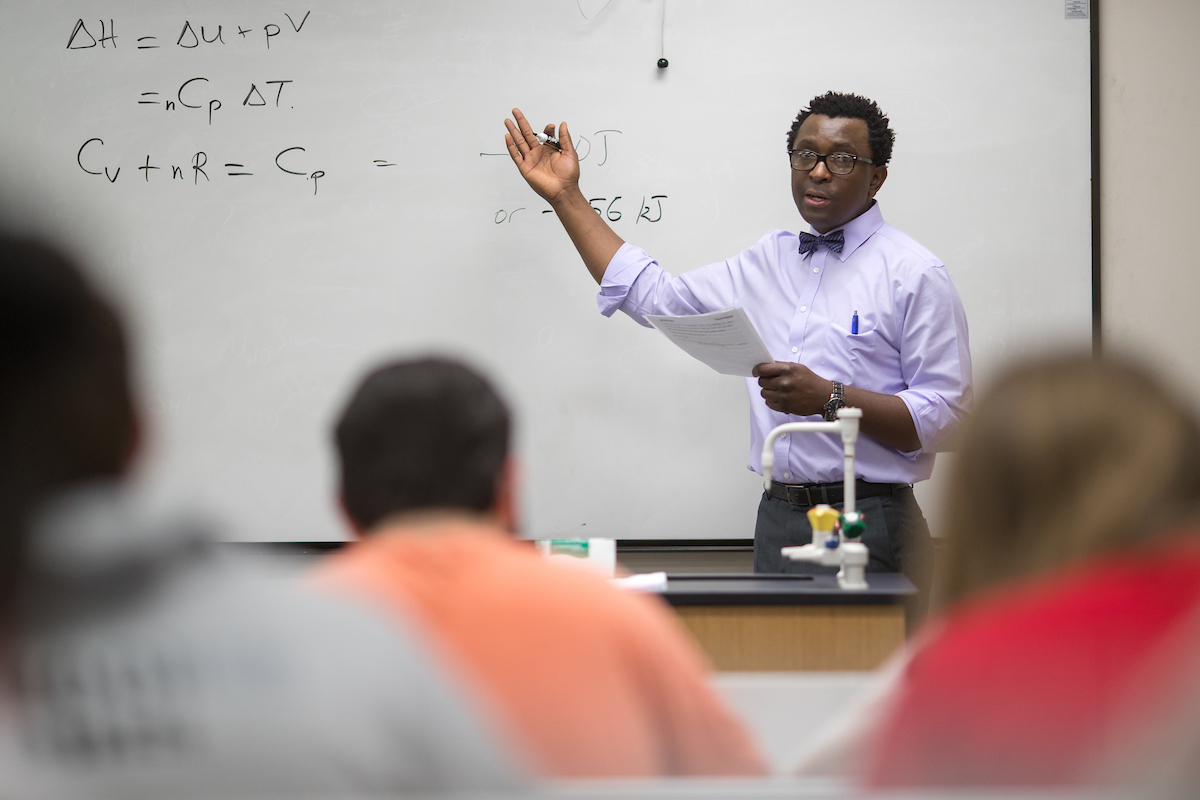 Austin Peay State University chemistry professor Dr. Allen Chaparadza lectures during a chemistry class recently in the Sundquist Science Center on campus.