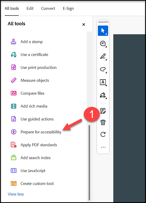 Adobe Pro accessibility checker step 1.