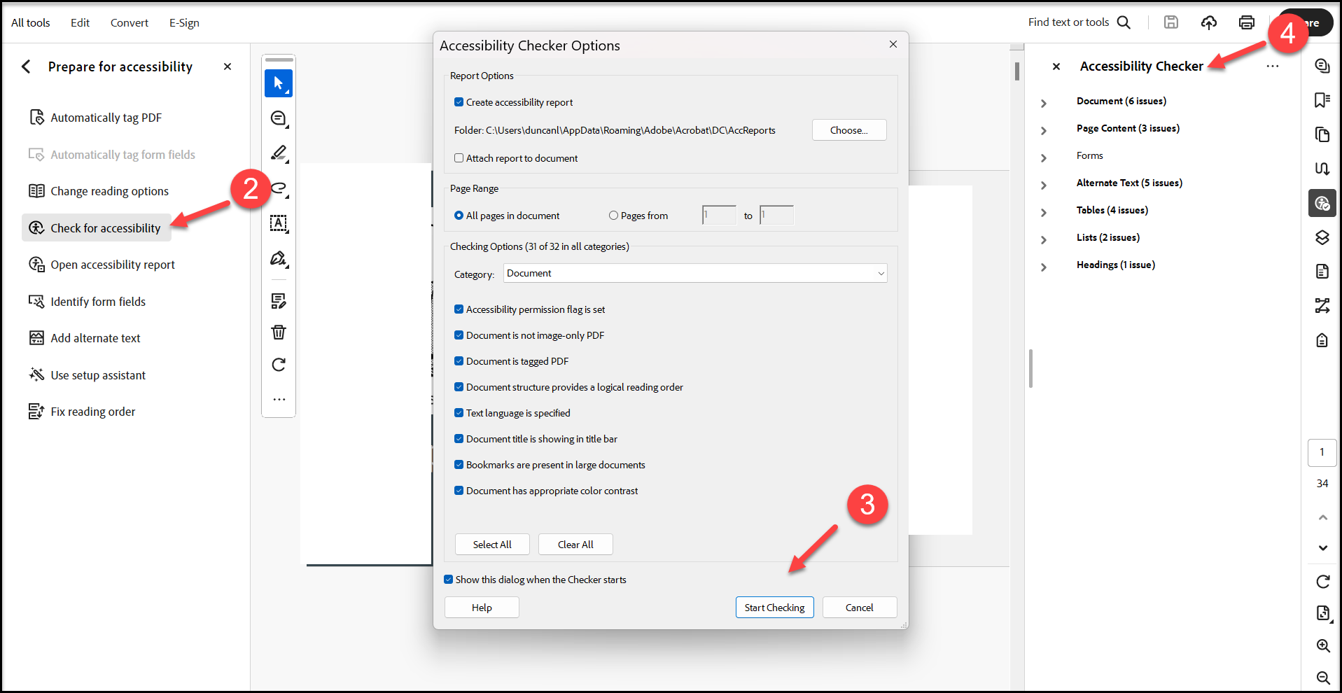 Example Adobe Pro accessibility checker steps 2 to 4.