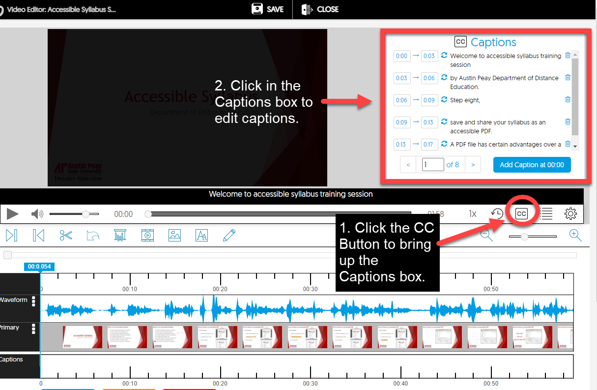 YuJa Editor with the Closed Captioning tools highlighted