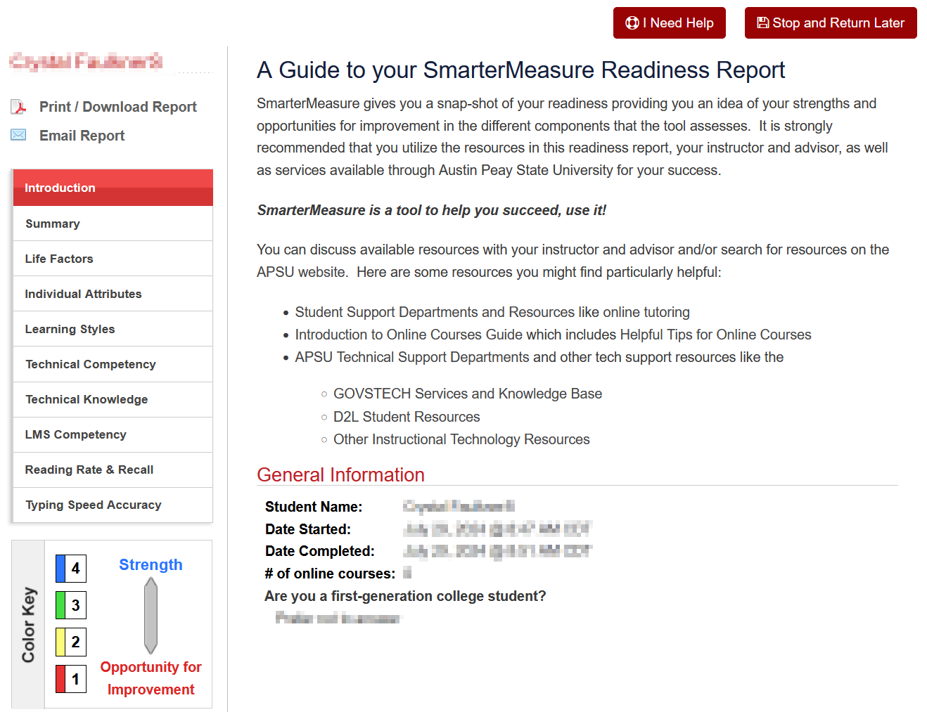 SmarterMeasure Readiness Report example