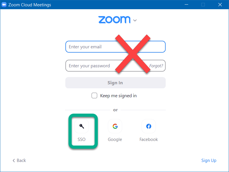 Zoom log in screen showing to use SSO option