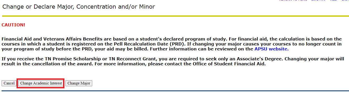 AP Web Self Service - Change Academic Interest Button