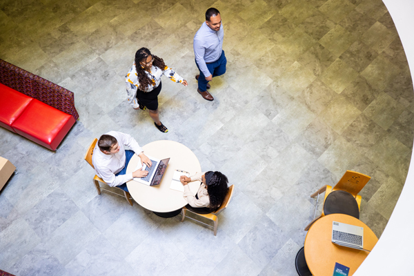 Overhead view of students in the University Center Lobby