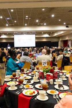 The ballroom filled with people having dinner while someone is at the podium speaking